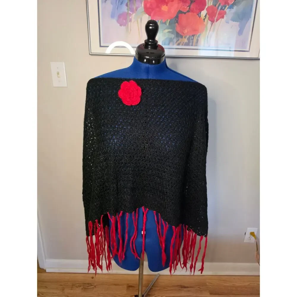 Mohair Blend Black Fringe Poncho Shawl Red Crochet Rose One Size Boho